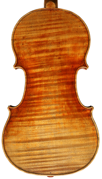 The flamed maple back of a Hudelmayer violin